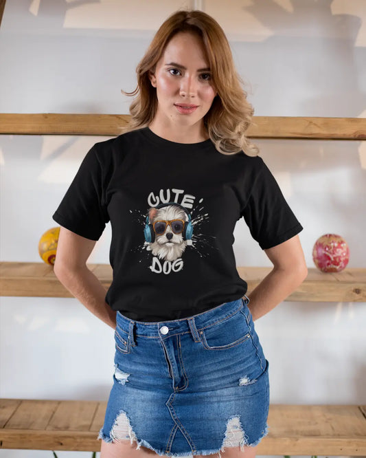 Cute Dog Regular Fit Black Tees